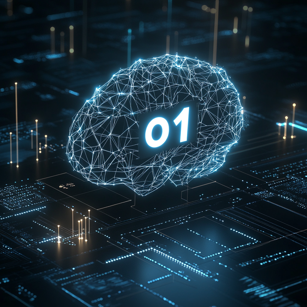 Un cerebro digital abstracto y luminoso, compuesto de líneas geométricas interconectadas, simboliza el razonamiento avanzado y las tareas cognitivas del modelo OpenAI o1. El número '01' destacado en el centro representa la resolución de problemas complejos y la toma de decisiones, con un fondo futurista de circuitos. La escena muestra el futuro de la inteligencia artificial, la arquitectura avanzada de IA, la adaptabilidad y los avances en aprendizaje automático, con flujos de datos brillantes y puntos de conexión que destacan la innovación en inteligencia artificia